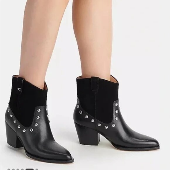 Coach Black Pauline Studded Black Leather Suede Glam Rock Cowboy Booties Boots - Picture 2 of 15